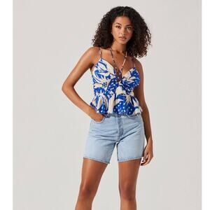 ASTR Minka Linen Blend Peplum Top Size Large Blue Floral Tie Front Cutout